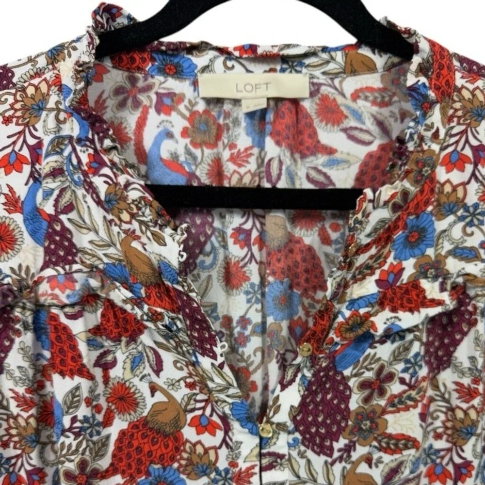 LOFT Womens Peacock Floral Ruffle Sleeve Henley Blouse Multicolor Top Size XL‎